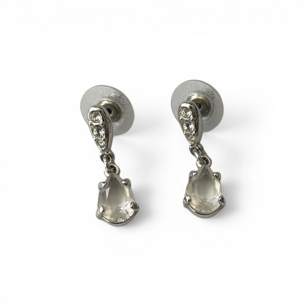 VTG Swarovski Signed Rhodium Clear Crystal Teardrop Dangle Post Earrings